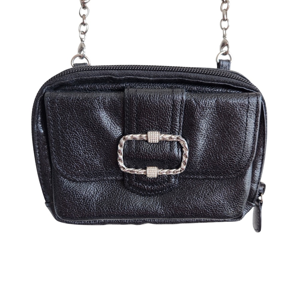 Brighton Black Leather Mini Chain Strap Crossbody Evening Purse Silver‎ Buckle